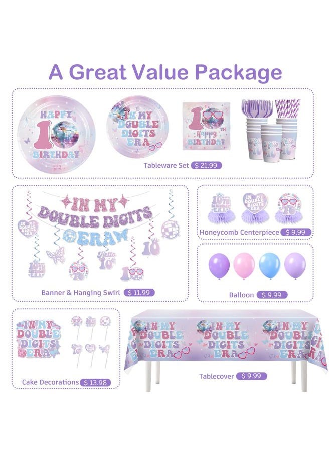 Xynic 10th Birthday Decorations for Girl, No-DIY In My Double Digits Era Banner, Double Digits Birthday Girl Paper Plates and Napkins, 2 Pcs 10th Birthday Girl Tablecloth 10 Year Old Birthday Decorations - Image 3