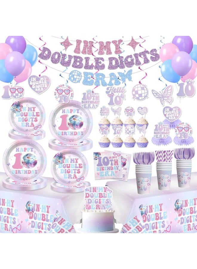 Xynic 10th Birthday Decorations for Girl, No-DIY In My Double Digits Era Banner, Double Digits Birthday Girl Paper Plates and Napkins, 2 Pcs 10th Birthday Girl Tablecloth 10 Year Old Birthday Decorations - Image 1