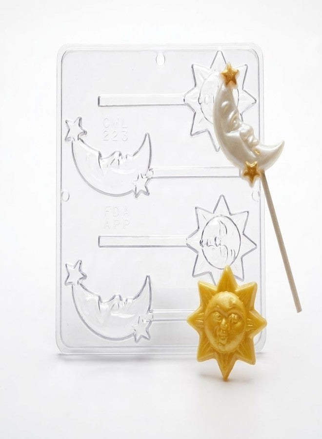 Lollipops Sun & Moon Lollipop Chocolate Candy Mold 223, 4 Cavities, Sun 3" Diameter, Moon 2.5" x 3.5" - Image 1