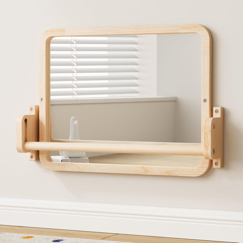 Woodtoe Montessori Mirror with Bar Baby Pull to Stand Toys Natural Wooden Frame Baby Pull Up Bar Adjustable Infant Coordination Small Mirror Montessori Birthday Toy for Toddler 618 Months