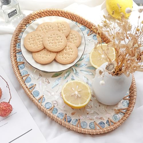 Afiaiwei 14.5 Inch Serving Tray for Coffee Table Ottoman Décor Tray for Living Room Mother of Pearl Inlay Rattan Centerpiece Tray for Candle Holder, Flower, Coffee, Bread, Fruit (Large) - Image 4