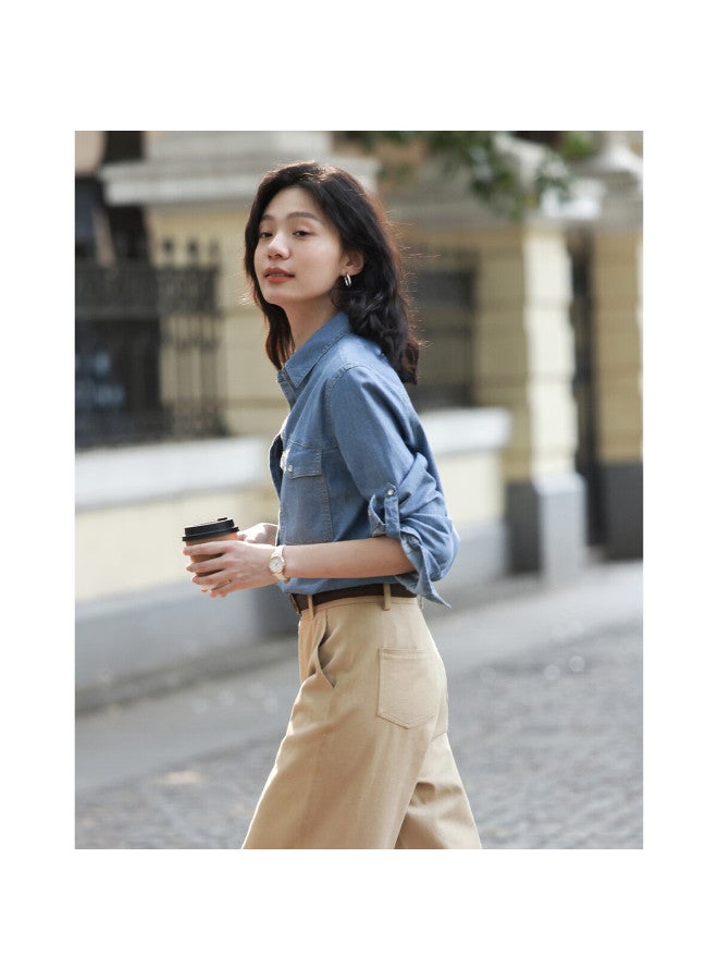 dme Demana Vintage Washed Color Spring And Autumn Women's Fashion High-end Denim Shirt, Women's Layered Base Top Shirt - Image 2