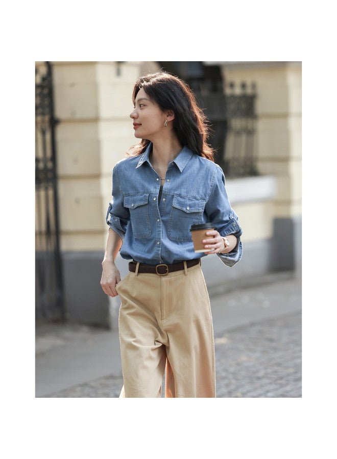 dme Demana Vintage Washed Color Spring And Autumn Women's Fashion High-end Denim Shirt, Women's Layered Base Top Shirt - Image 1