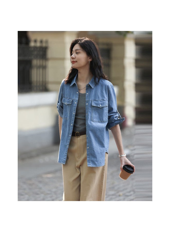 dme Demana Vintage Washed Color Spring And Autumn Women's Fashion High-end Denim Shirt, Women's Layered Base Top Shirt - Image 4
