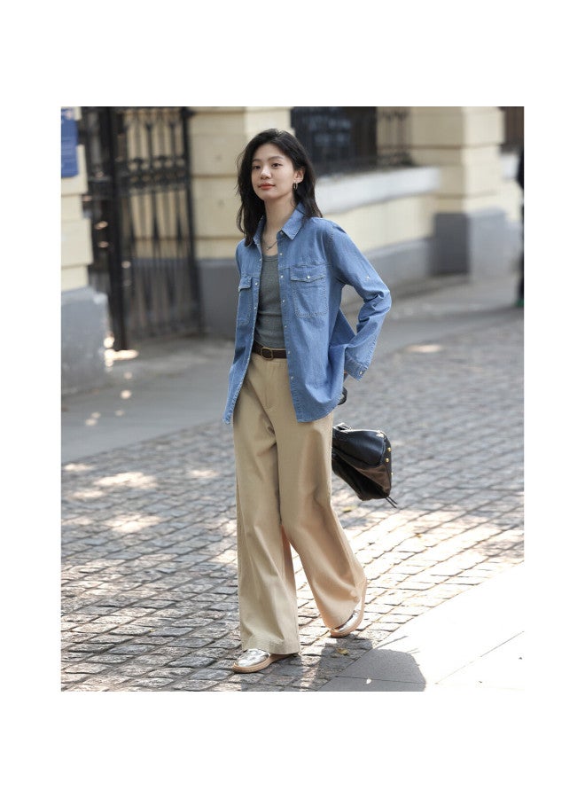 dme Demana Vintage Washed Color Spring And Autumn Women's Fashion High-end Denim Shirt, Women's Layered Base Top Shirt - Image 5