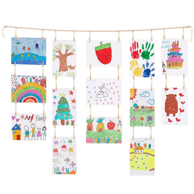 Kids Art Display Wall Decor Wooden Beads Garland Frame Holder with 34 Clips for kids artwork Photo Wall Hanging Boho Room Bedroom Decor