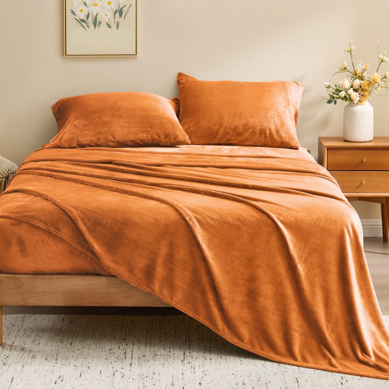 BEDELITE Flannel Sheets Queen Size Burnt Orange - Super Soft Fall Fleece Sheets Set Fluffy Extra Plush  4 Piece(Include Fitted Sheet  Flat Sheet  2 Pillowcases) - Image 2