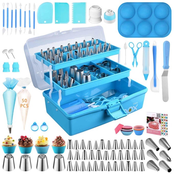 CAKE DECORATING TOOLS SUPPLIES KIT 236PCS BAKING ACCESSORIES WITH STORAGE CASE PIPING BAGS AND ICING TIPS SET CUPCAKE COOKIE FROSTING FONDANT BAKERY SET FOR ADULTS BEGINNERS OR PROFESSIONAL BLUE