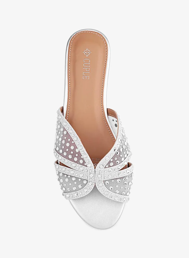 Cuple Silver Women Flat Slide Sandals for Women | Best Price UAE