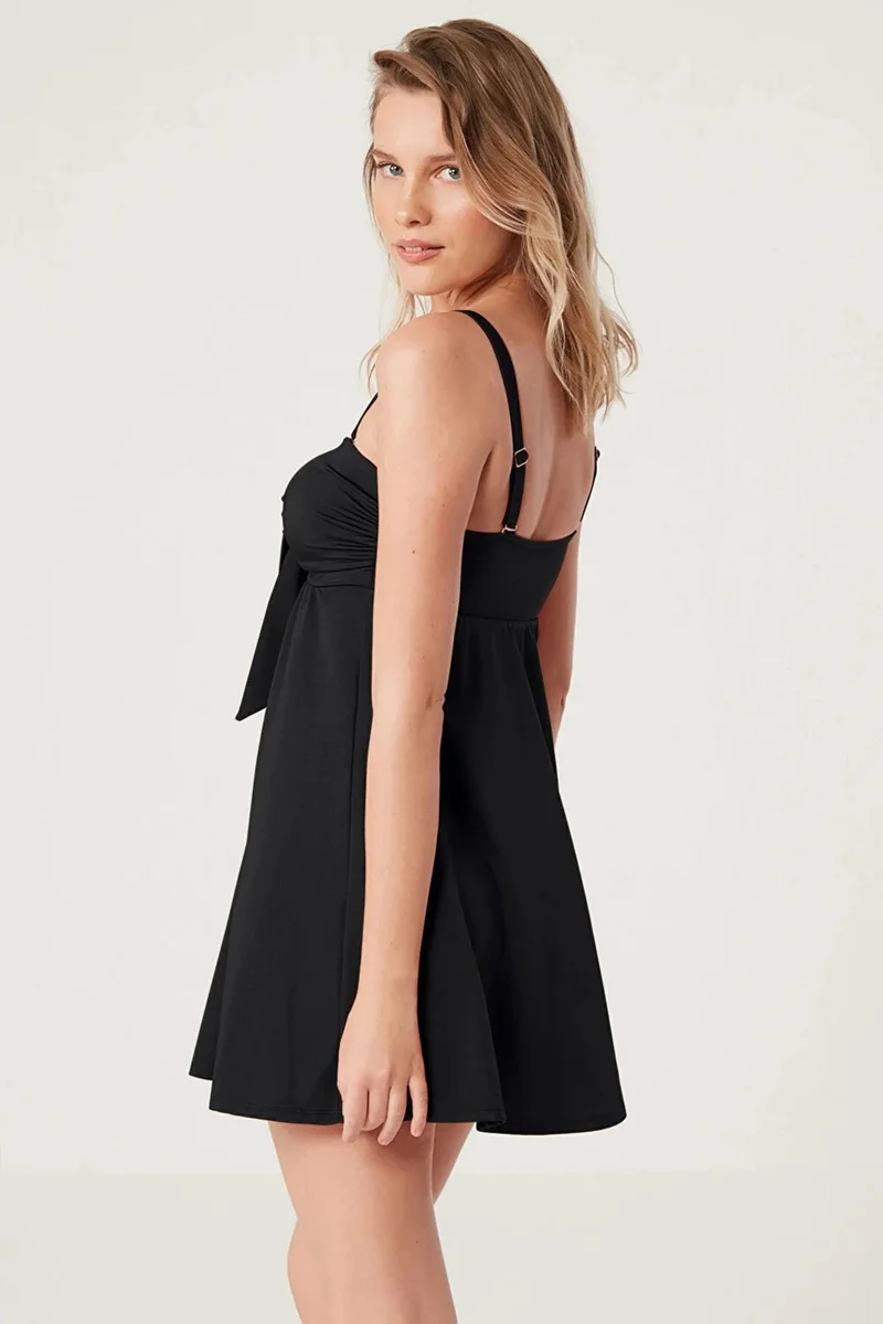 كوم Removable Push-Up Shiny Fabric Solid Color Dress Swimsuit