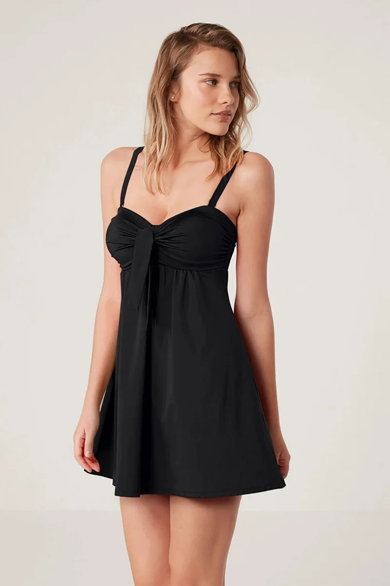 كوم Removable Push-Up Shiny Fabric Solid Color Dress Swimsuit