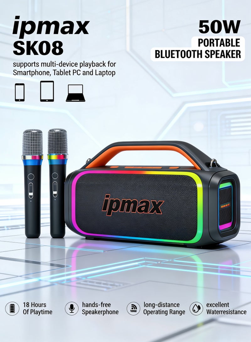 ipmax SK08 50W Portable Bluetooth Speaker with Dual Wireless Microphones, 18 Hours Playtime, RGB Light, Waterresistant - Black - Image 1