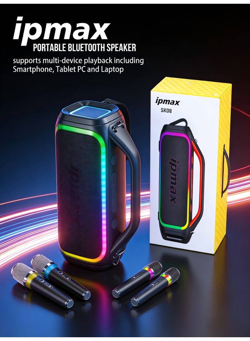 ipmax SK08 50W Portable Bluetooth Speaker with Dual Wireless Microphones, 18 Hours Playtime, RGB Light, Waterresistant - Black - Image 4