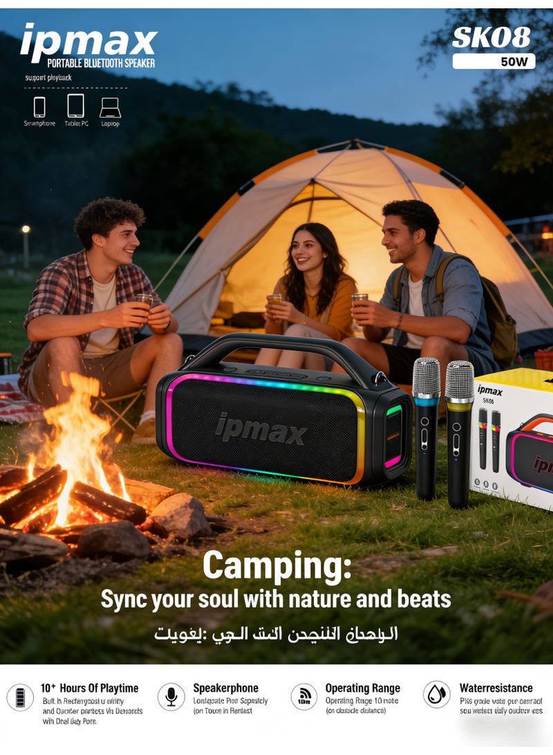 ipmax SK08 50W Portable Bluetooth Speaker with Dual Wireless Microphones, 18 Hours Playtime, RGB Light, Waterresistant - Black - Image 5
