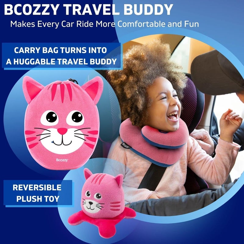 BCOZZY Kids Chin Supporting Travel Pillow for 3-7 Y/O -Stops The Head from Falling Forward– Comfortable Road Trip Essential. Soft, Washable, Small Size, Cherry Pink, Cat Bag and Cat Moodizz - Image 3