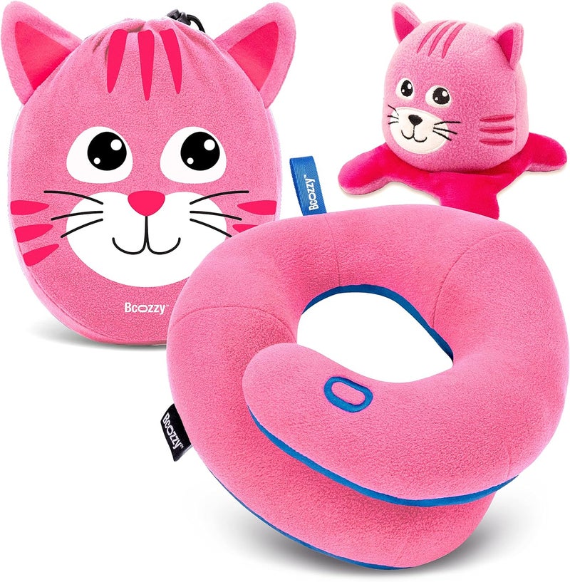 BCOZZY Kids Chin Supporting Travel Pillow for 3-7 Y/O -Stops The Head from Falling Forward– Comfortable Road Trip Essential. Soft, Washable, Small Size, Cherry Pink, Cat Bag and Cat Moodizz - Image 1