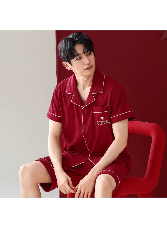 Zisehy Purple Flower Language Wedding High-end Pure Cotton Couple Pajamas Men And Women Red Home Wear Set Red Female M - Image 4