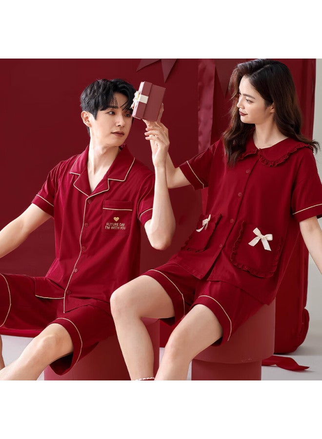 Zisehy Purple Flower Language Wedding High-end Pure Cotton Couple Pajamas Men And Women Red Home Wear Set Red Female M - Image 1