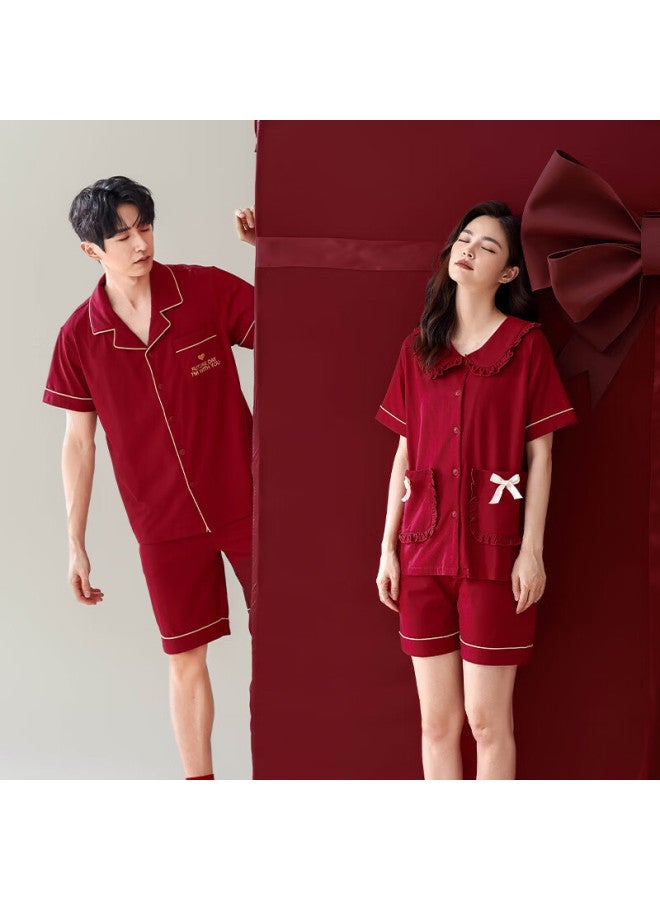 Zisehy Purple Flower Language Wedding High-end Pure Cotton Couple Pajamas Men And Women Red Home Wear Set Red Female M - Image 3