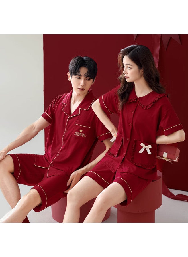 Zisehy Purple Flower Language Wedding High-end Pure Cotton Couple Pajamas Men And Women Red Home Wear Set Red Female M - Image 2