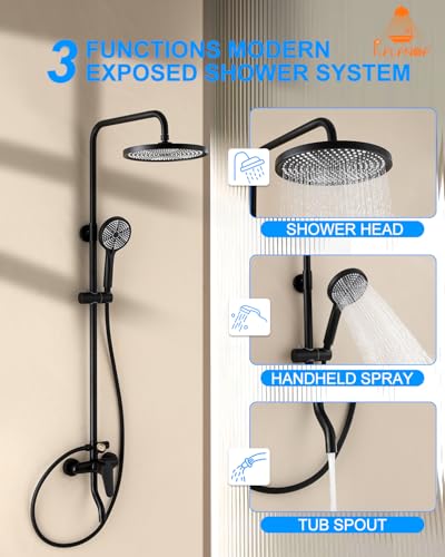 RALANDA Outdoor Shower Fixture,3 Functions Handle Tub Rainfall Shower Faucet Sets with Dial Thermometer Brass Valve, Exposed Shower System with 10'' Rainfall Shower Head Adjustable (Matte Black) - Image 3