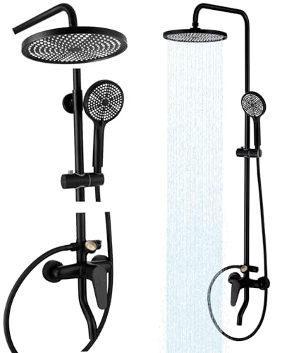 RALANDA Outdoor Shower Fixture,3 Functions Handle Tub Rainfall Shower Faucet Sets with Dial Thermometer Brass Valve, Exposed Shower System with 10'' Rainfall Shower Head Adjustable (Matte Black) - Image 1