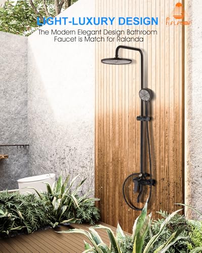 RALANDA Outdoor Shower Fixture,3 Functions Handle Tub Rainfall Shower Faucet Sets with Dial Thermometer Brass Valve, Exposed Shower System with 10'' Rainfall Shower Head Adjustable (Matte Black) - Image 2