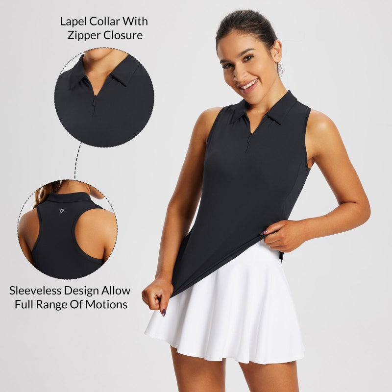 baleaf Women's Golf Shirts Tank Tops Sleeveless Tennis Polo Racerback with Zipper Collar Athletic Tanks Quick Dry-Black-S - Image 5