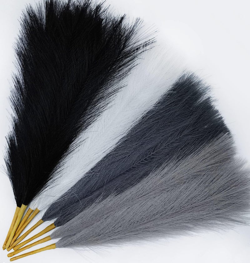 SeptCat 8 Pcs 17" Pampas Grass Faux Dried Decor, Fluffy Fake Small Pompas Artificial Black White Grey Gray Pompous Short Stems Bouquet Flower Arrangement Vase Filler for Boho Home Wedding Decoration - Image 1