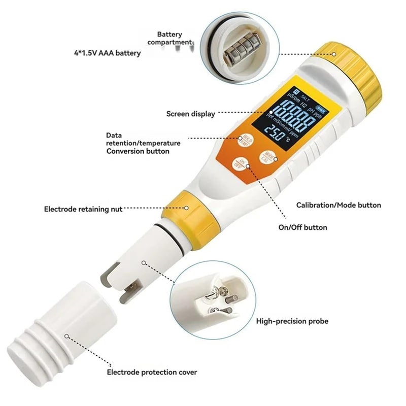 Water Detector, Digital Water Tester Swimming Pool for Aquaculture Spa 7 in 1 Quality PH EC TDS H2 Hydrogen ORP Salinity IP67 Waterproof,for Drinking Water - Image 2