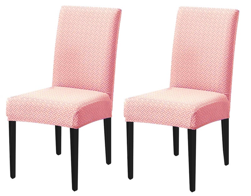 House of Quirk Elastic Jacquard Chair Cover Stretch Removable Washable Short Dining Chair Cover Protector Seat Slipcover (Pack of 2, Pink) - Image 1