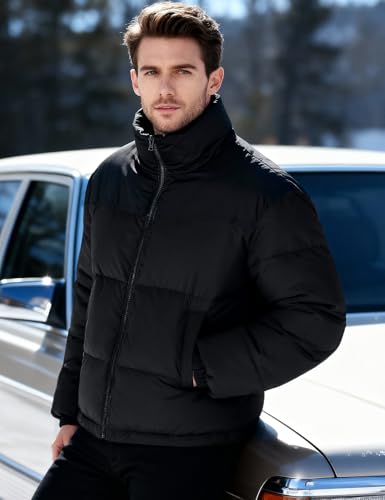 Flygo Men Puffer Jacket Winter Coats Water Resistant Long Sleeve Zip Up Lightweight Quilted Down JacketsBlackS - Image 3