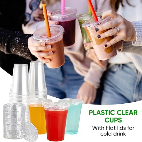 Green Direct 10 oz. Plastic Clear Cups With Flat Lids for Cold Drink / Bubble Boba / Iced Coffee / Tea / Smoothie Pack of 100 - Image 3