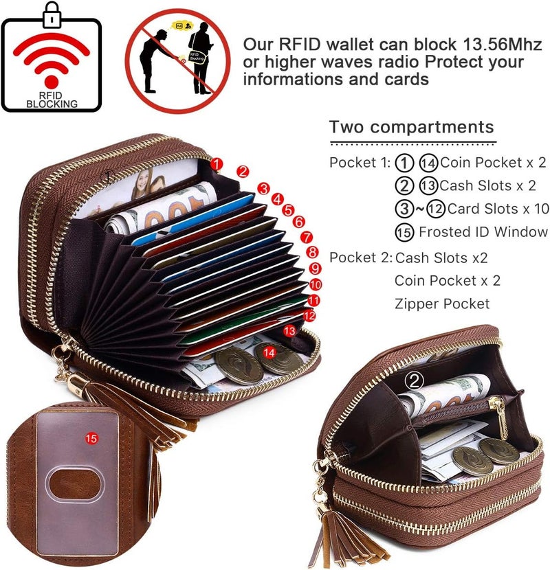 APHISON RFID Credit Card Holder Zipper Card Case Keychain Small Wallet for Women 1942-2 COFFEE - Image 3