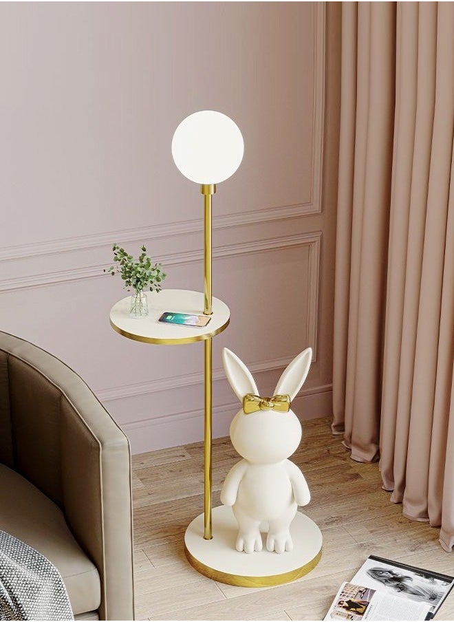 fashionhome Modern Design Rabbit Shape Statue Sculpture Ornament Tall Pole Floor Lamp Standing Lamp Decorative Tray Table with Tricolor Globe Lamp for Living Room Bedroom Offices 30x113 cm 