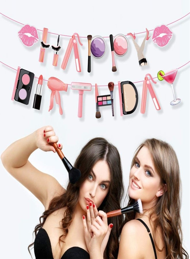 BHNACIER Makeup Happy Birthday Banner Makeup Birthday Banner Spa Themed Party Decorations Spa Party Banners Makeups Partys Banners for Girl Pink Makeups Spas Glamour Cosmetics Theme Supplies - Image 4