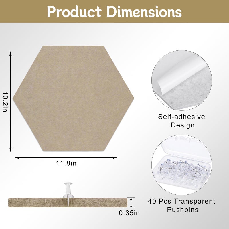 Thboxes 10 Pack Hexagon Cork Board, 12" x 10" Self-Adhesive Felt Bulletin Board Tiles with 40 Pushpins, Pin Boards for Wall Decor Home Office School DIY Display Boards for Photos (Camel Color Theme) - Image 2