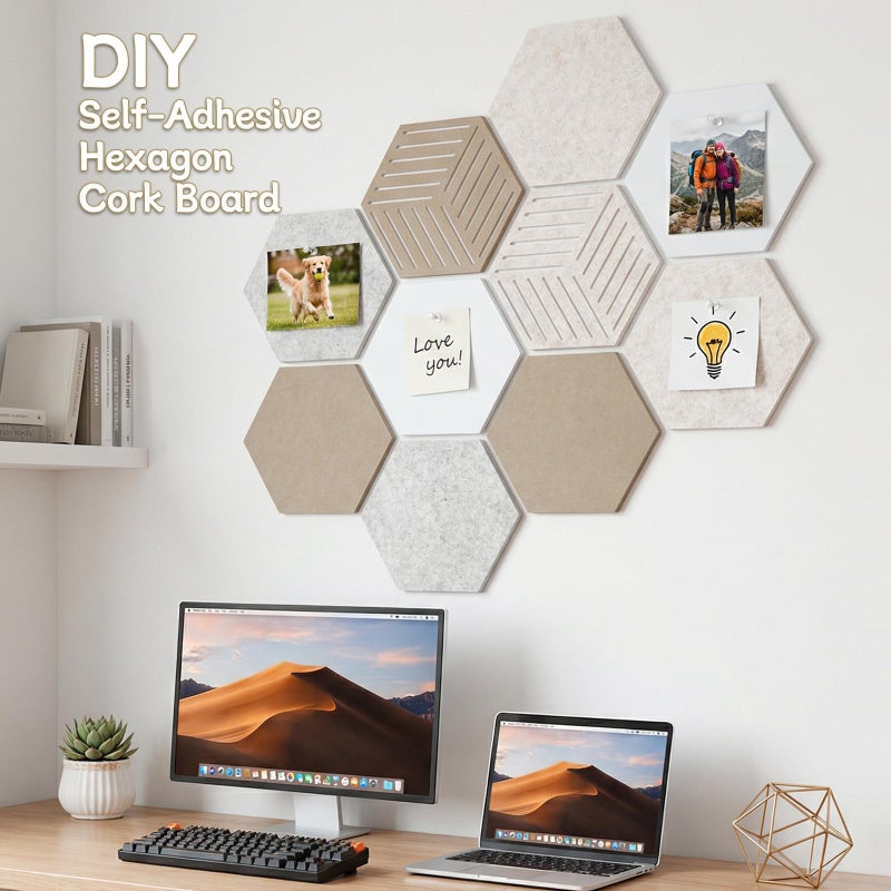 Thboxes 10 Pack Hexagon Cork Board, 12" x 10" Self-Adhesive Felt Bulletin Board Tiles with 40 Pushpins, Pin Boards for Wall Decor Home Office School DIY Display Boards for Photos (Camel Color Theme) - Image 4