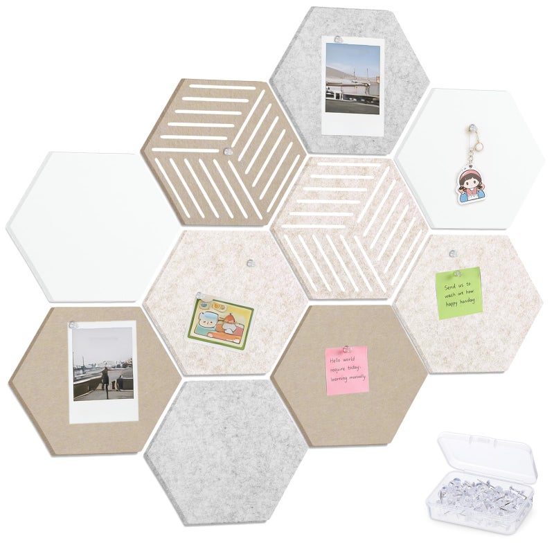 Thboxes 10 Pack Hexagon Cork Board, 12" x 10" Self-Adhesive Felt Bulletin Board Tiles with 40 Pushpins, Pin Boards for Wall Decor Home Office School DIY Display Boards for Photos (Camel Color Theme) - Image 1