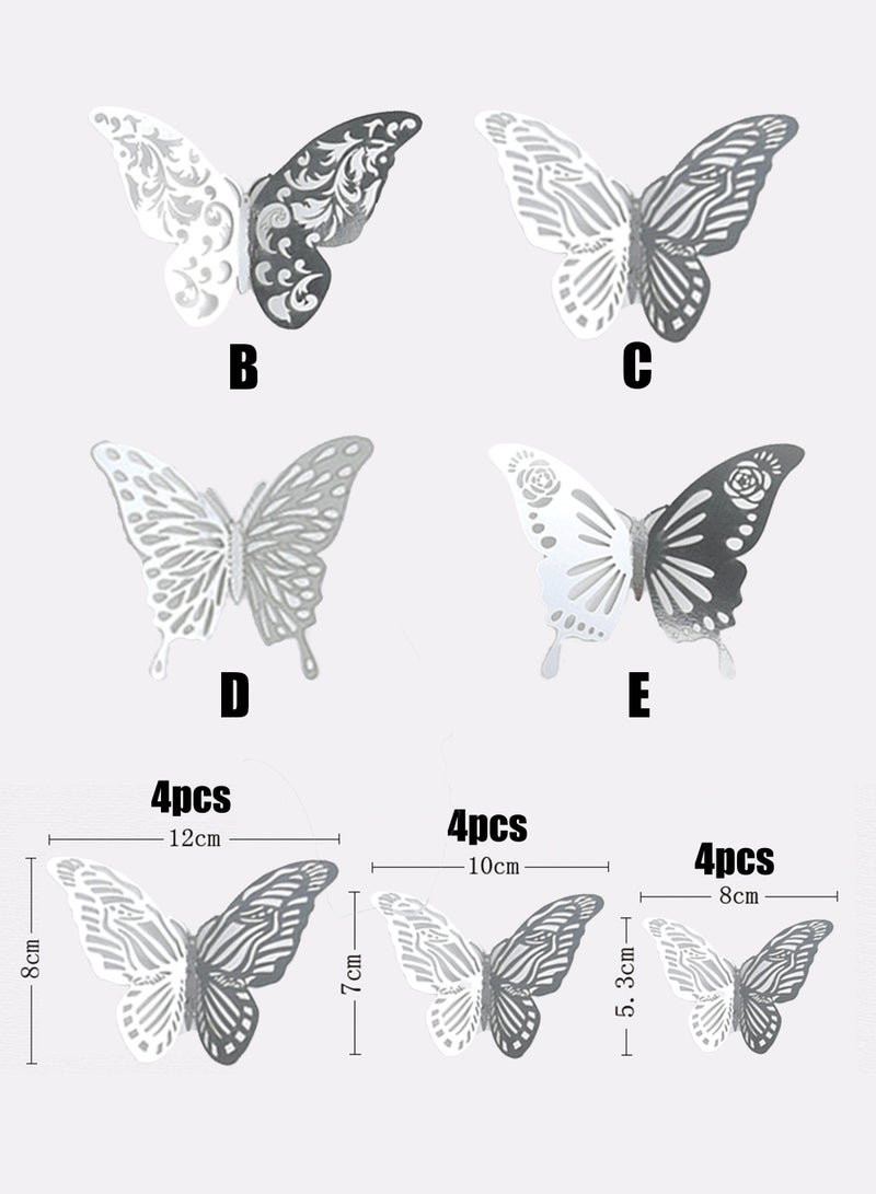 48PCS Hollow-Out 3D Butterfly Stickers Wall Decal Set Sliver 4 Styles 3 Sizes Removable Wall Sticker Room Mural Decals for Kids Bedroom Nursery Classroom Party Cake Decoration Wedding Decor DIY Gift - Image 1