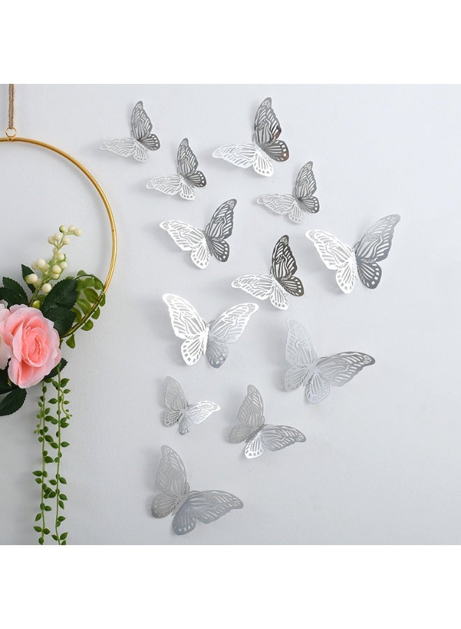 48PCS Hollow-Out 3D Butterfly Stickers Wall Decal Set Sliver 4 Styles 3 Sizes Removable Wall Sticker Room Mural Decals for Kids Bedroom Nursery Classroom Party Cake Decoration Wedding Decor DIY Gift - Image 3