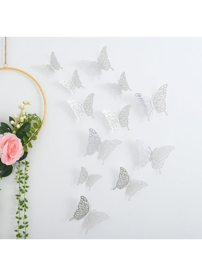 48PCS Hollow-Out 3D Butterfly Stickers Wall Decal Set Sliver 4 Styles 3 Sizes Removable Wall Sticker Room Mural Decals for Kids Bedroom Nursery Classroom Party Cake Decoration Wedding Decor DIY Gift - Image 4