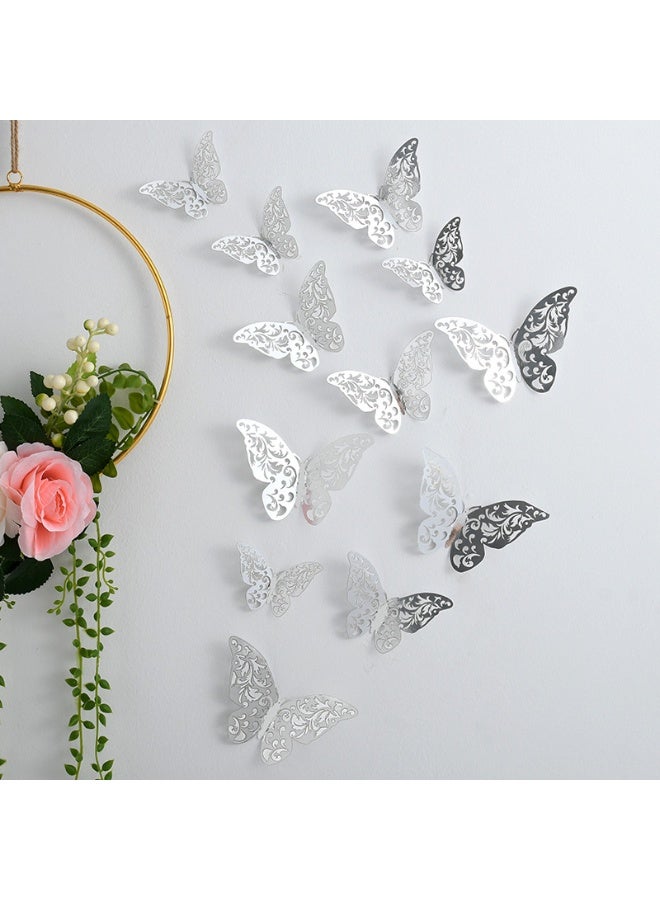 48PCS Hollow-Out 3D Butterfly Stickers Wall Decal Set Sliver 4 Styles 3 Sizes Removable Wall Sticker Room Mural Decals for Kids Bedroom Nursery Classroom Party Cake Decoration Wedding Decor DIY Gift - Image 2
