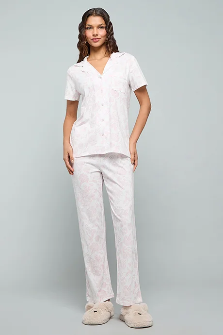 أر أند بي Printed Lapel Collar Pyjama Set