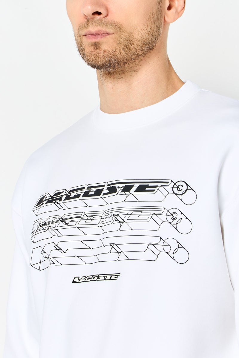 LACOSTE Men Crew Neck Brand Logo Long Sleeve Sweatshirt, White - Image 3