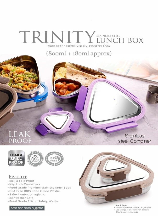 Touchcart Trinity Stainless Steel Triangle Lunch Box | Leak-Proof & Durable | 800ml + 180ml | Safe Food Container for Office, College & School | Color May Vary - Image 3