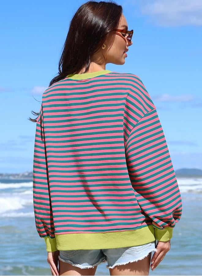 UEU Women Oversized Striped Crewneck Sweatshirt Long Sleeve Color Block Pullover Tops Casual Loose Workout Clothes, Pinkgreen Striped, XXL - Image 4