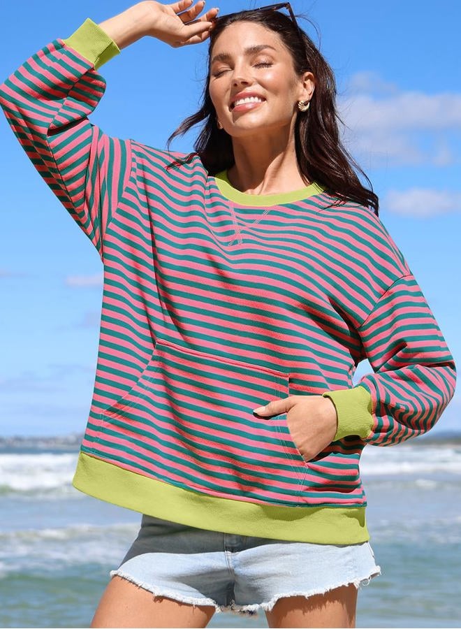 UEU Women Oversized Striped Crewneck Sweatshirt Long Sleeve Color Block Pullover Tops Casual Loose Workout Clothes, Pinkgreen Striped, XXL - Image 3