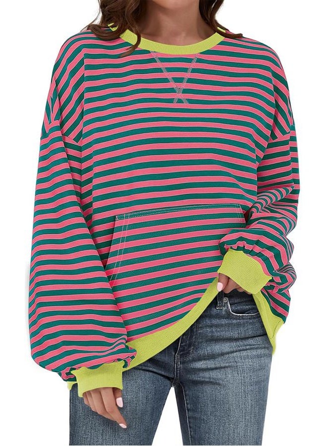 UEU Women Oversized Striped Crewneck Sweatshirt Long Sleeve Color Block Pullover Tops Casual Loose Workout Clothes, Pinkgreen Striped, XXL - Image 1