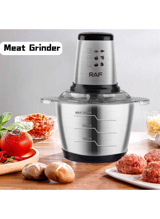 RAF Multi-functional Stainless Steel Chopper and Meat Grinder, Extra-large 3000 Ml Capacity, Four-blade System, Pulse Function for Precise Cutting, Can Crush Ice, Compact and Stylish Black Design, Easy to Clean, 3-liter Capacity, 1000 Watts Power. - Image 1